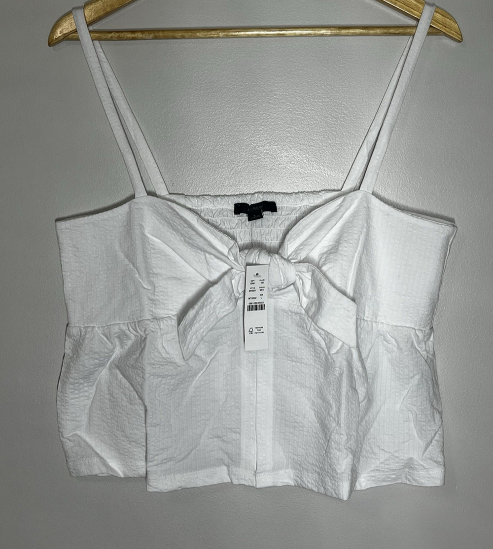 J Crew Seersucker Tie Front Top Womens Large White Cropped Open Smocked Tank